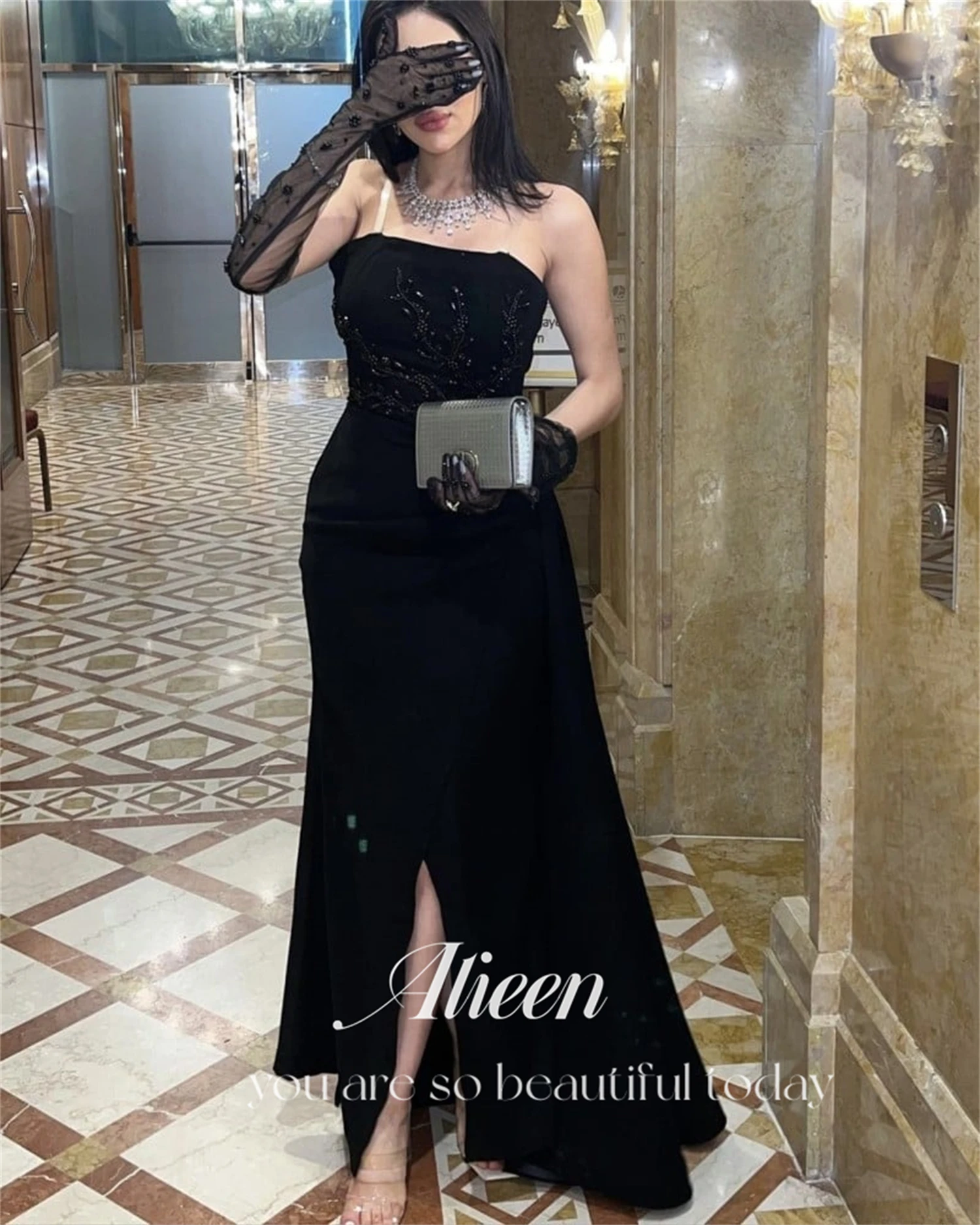 Aileen Black Strapless Mermaid Grace Evening Dress Party Wedding Gown Women Elegant Luxury Dresses for Special Events Midi 2024