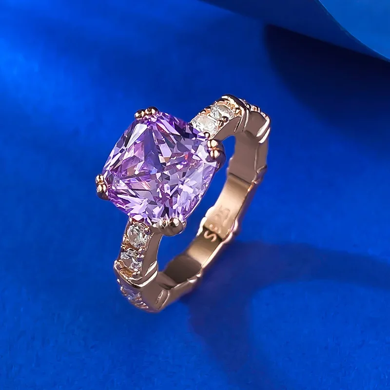 S925 Silver Imported High Carbon Diamond Lavender Purple 9 * 9 Five Flower Ring Ring, European Beauty Style