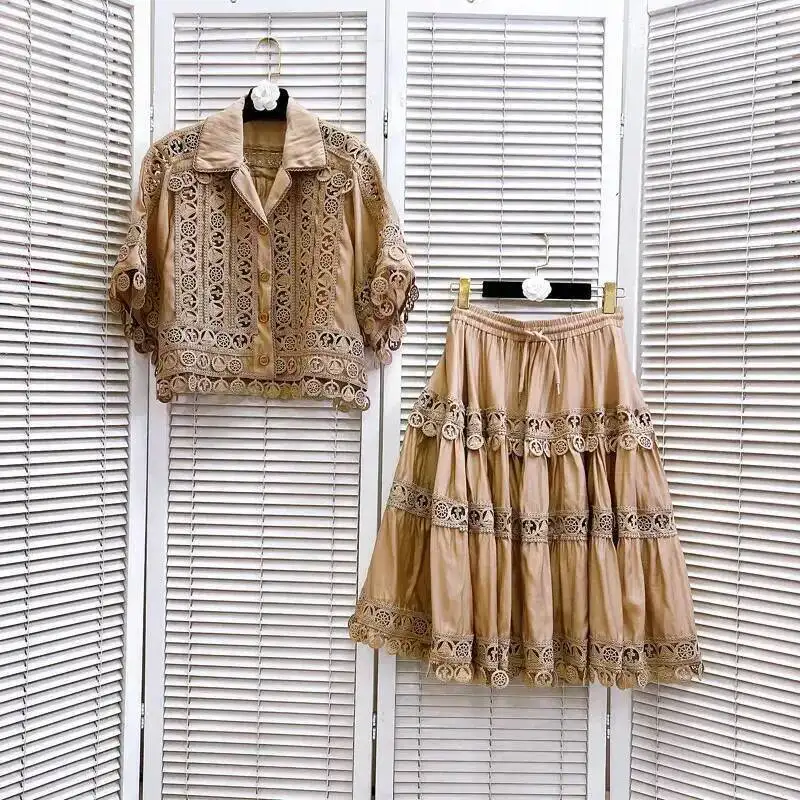 Luxury Hollow Out Dress Two Piece Set Women\'s 2025 Summer Holiday Embroidered Lace Jackets White Tops Pleated Short Skirts Suits