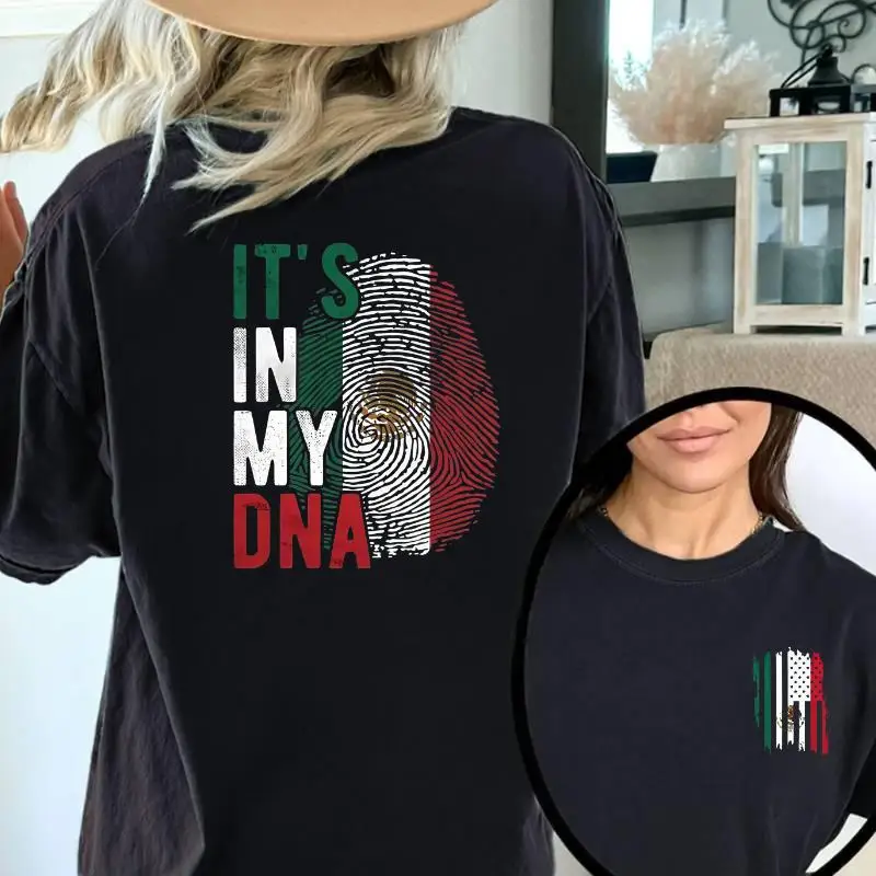 

Women's Mexican Flag DNA T-shirt "It's In My DNA" Print Short Sleeve Loose Patriotic Culture Top Heritage Gift