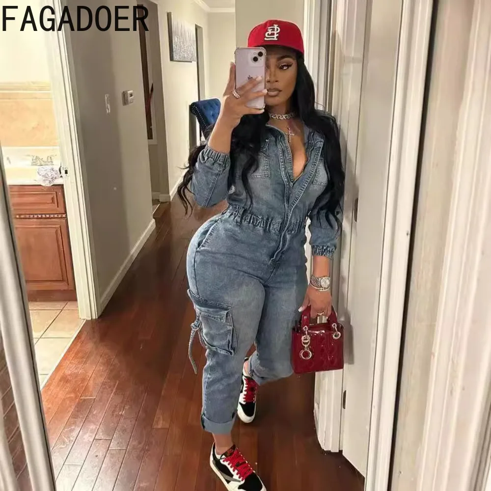 FAGADOER Cargo Pockets Patchwork Denim Jumpsuit Women Y2k Streetwear Stretchy High Quality Jean Overalls Autumn Winter Fashion