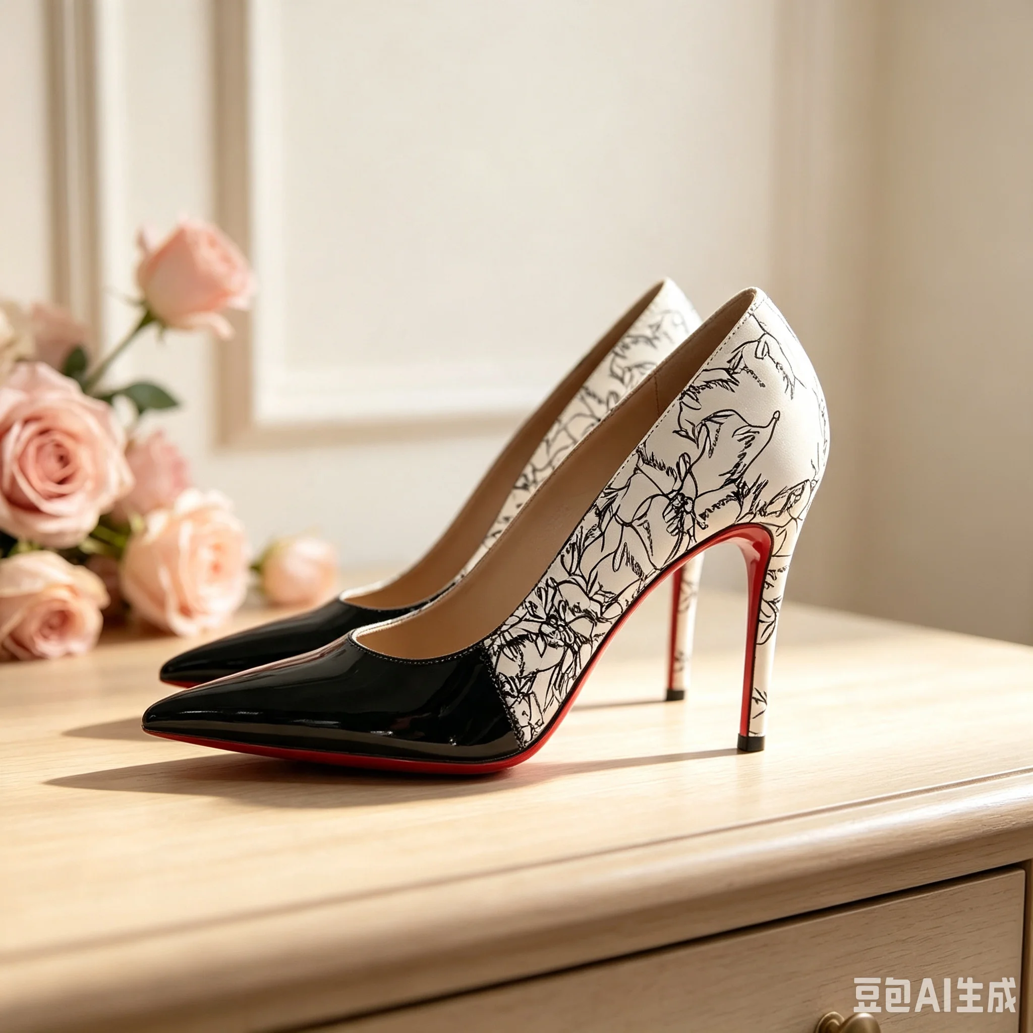 Autumn new pointed light mouth color blocked print OL single shoe banquet dress large size small size high heels women's shoes
