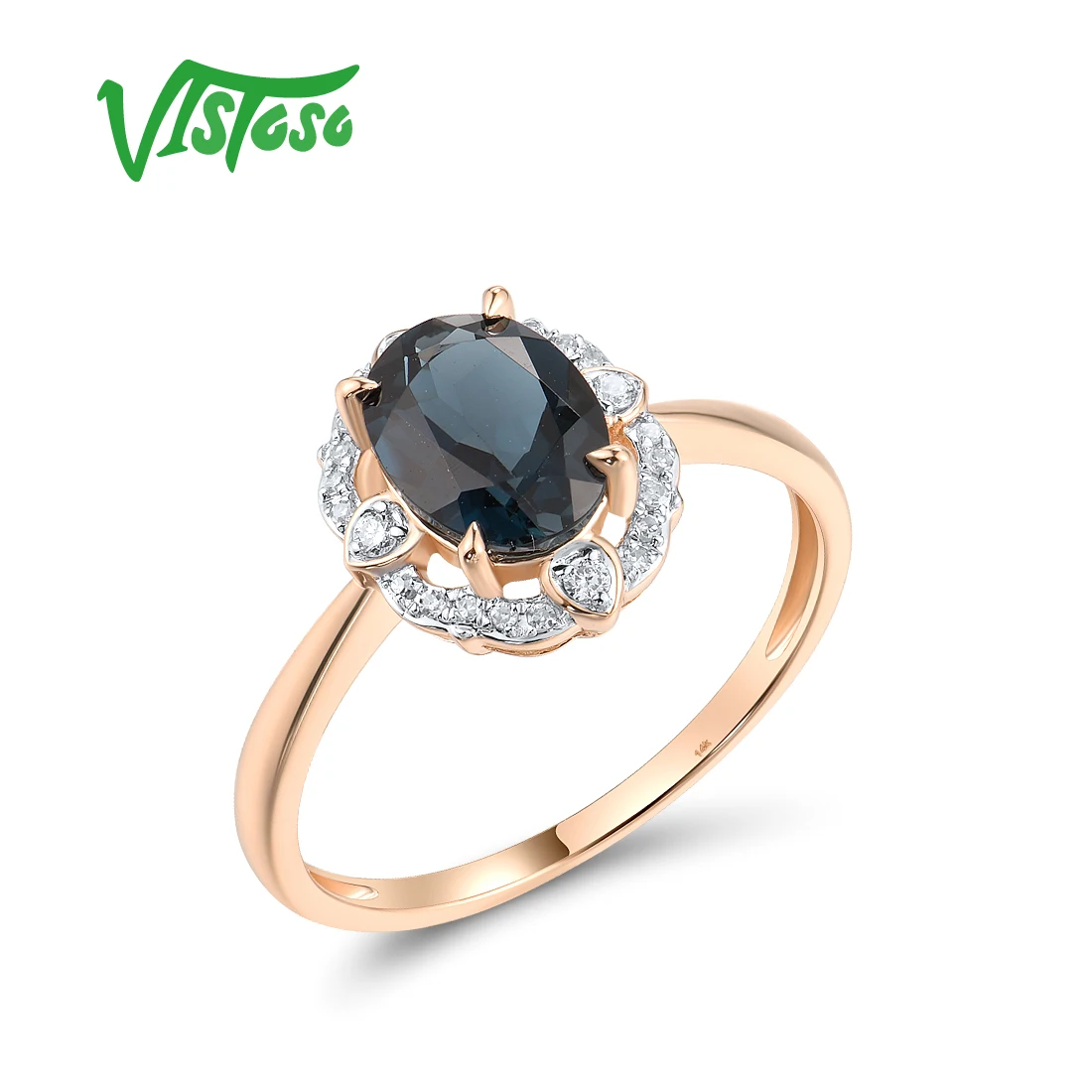 

VISTOSO Genuine 14K 585 Rose Gold Ring For Women Sparkling Diamond London Blue Topaz Delicate Wedding Party Gifts Fine Jewelry