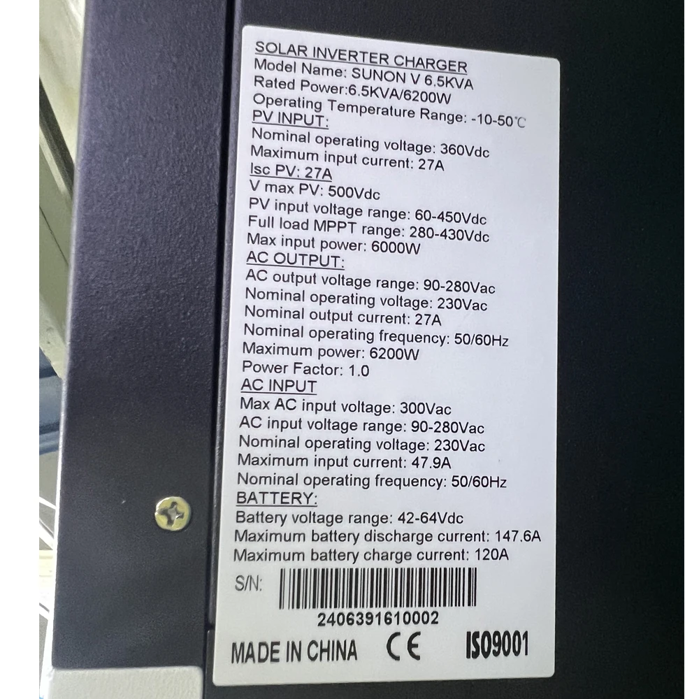 SAKO Sunon V 6,2KVA 6200W 48V Hybrid-Solarwechselrichter, 120A MPPT, 60-450V PV-Eingang, Batterielos, Doppelausgang, BMS, Reine Sinuswelle – Detail 12