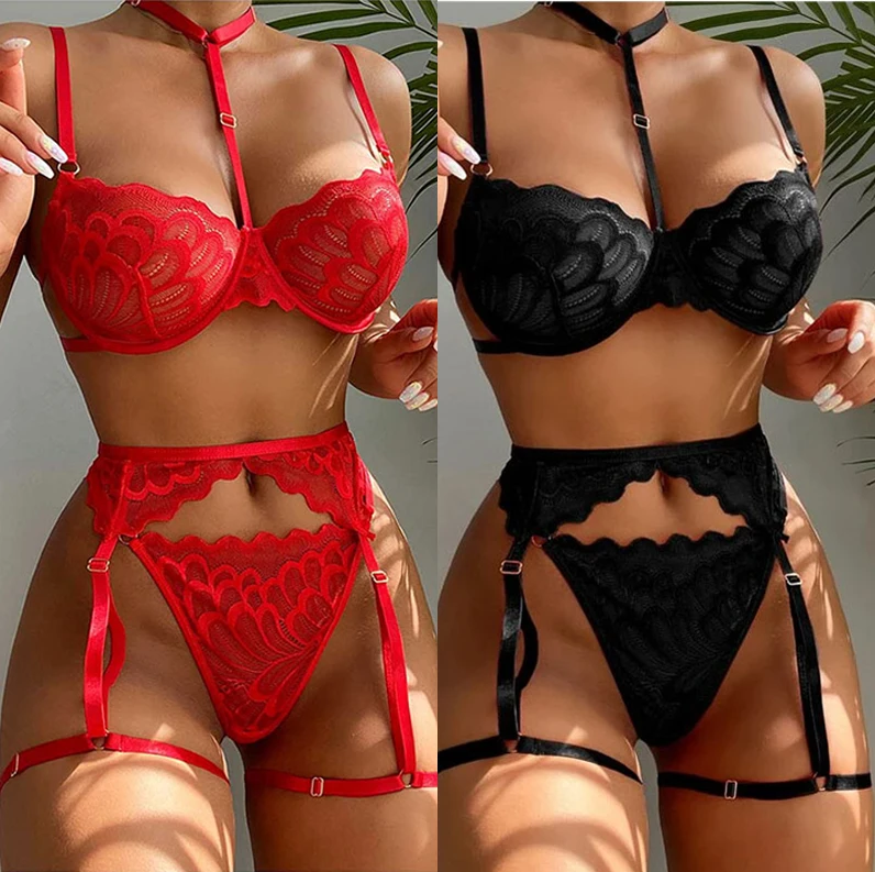 

Hot Erotic Lace Bra Panties Sets Women Garters G-Strings Patchwork See Through Lingerie Three-Piece Set Underwear Sexy Costume