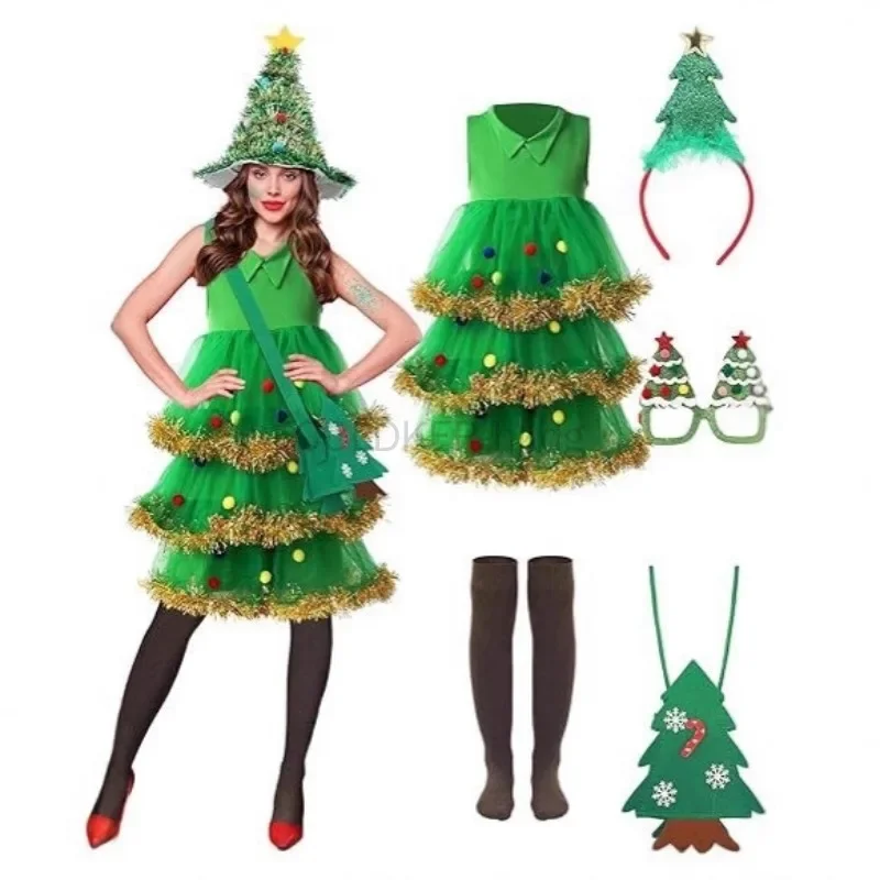 Christmas Tree Costume Set Women's Christmas Dress Hat Headband Bag Glasses Xmas Holiday Outfit Adults Green Elf Cosplay