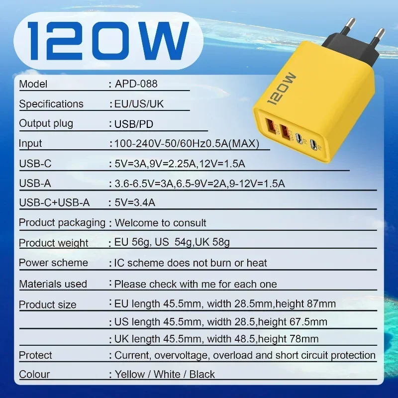 Lenovo 120W PD USB Charger Type C Fast Wall Adapter for iPhone Samsung with QC 3.0 Quick Charge EU Plug Foldable Portable Power