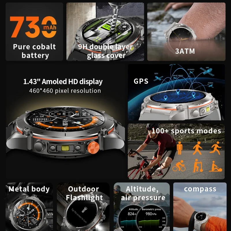 Men Outdoor Military GPS Track AMOLED HD Flashlight 730mAh Battery Compass Barometer 3ATM Waterproof Bluetooth Call Smart Watch