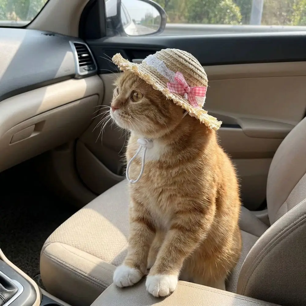 Breathable Pet Lace Bow Hat Adjustable Chin Strap Sun Protection Pet Sunscreen Hat Hand Knitting Pet Fisherman Hat Beach Camping