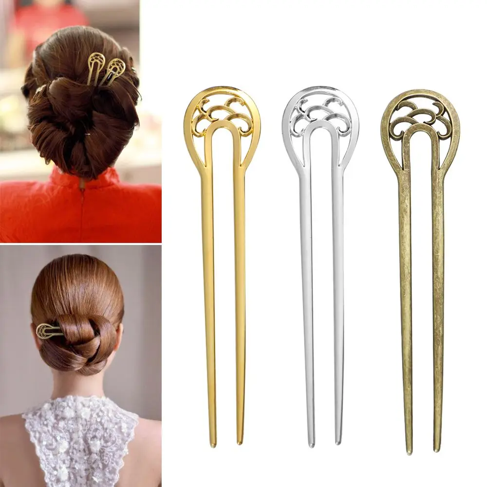 Women Hair Care Alloy Hair Accessories Hairpin  U-shaped hairpin Metal Hair Stick Double wavy flower