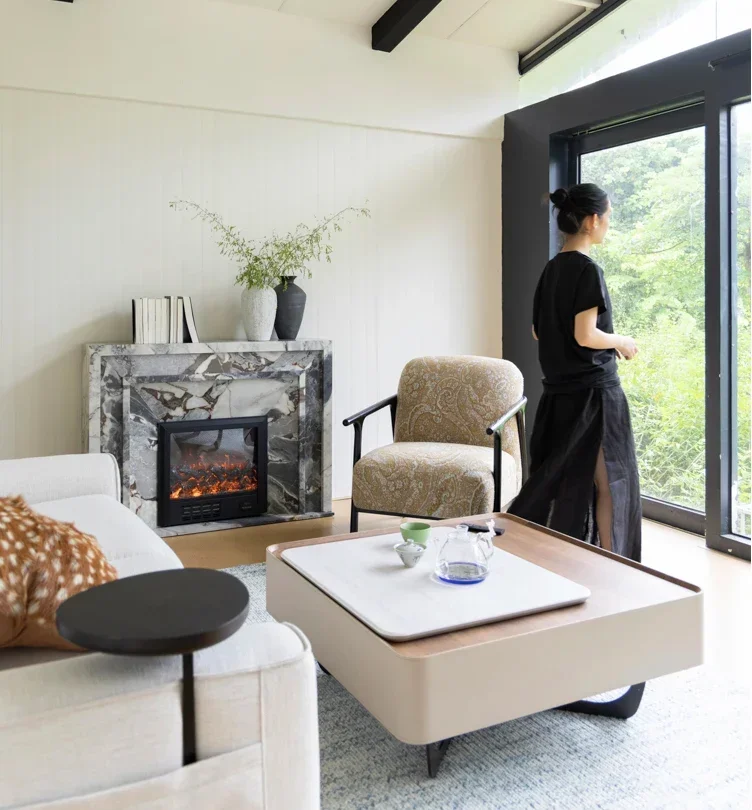 Rare blue grain/Turkish marble feeling simulated fire smart fireplace solid wood storage