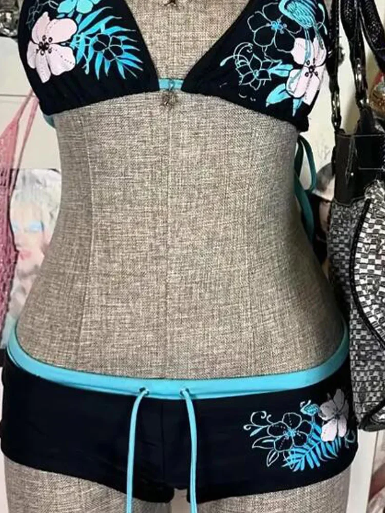 セクシーな湯たんぽプリントレースアップ背中の開いたビキニ 2 点セット女性スプリット水着ビーチビキニ 2025 新しい夏の水着ビキニセット