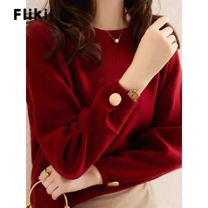 2024 Winter Elegant Luxury O-neck Knitting Long Sleeve Pullovers Women Casual Coquette Solid Color Sheath Ladies Red Sweater