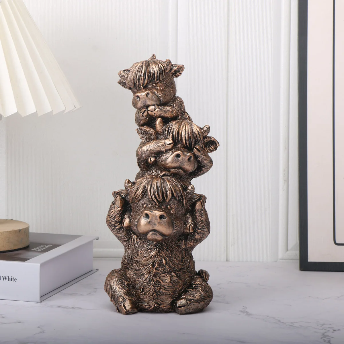 

23cm Resin Highland Cattle Crafts Irish Retro Art Home Dining Room Study Decor Animal Sculptures Three Stacks Model Figurines