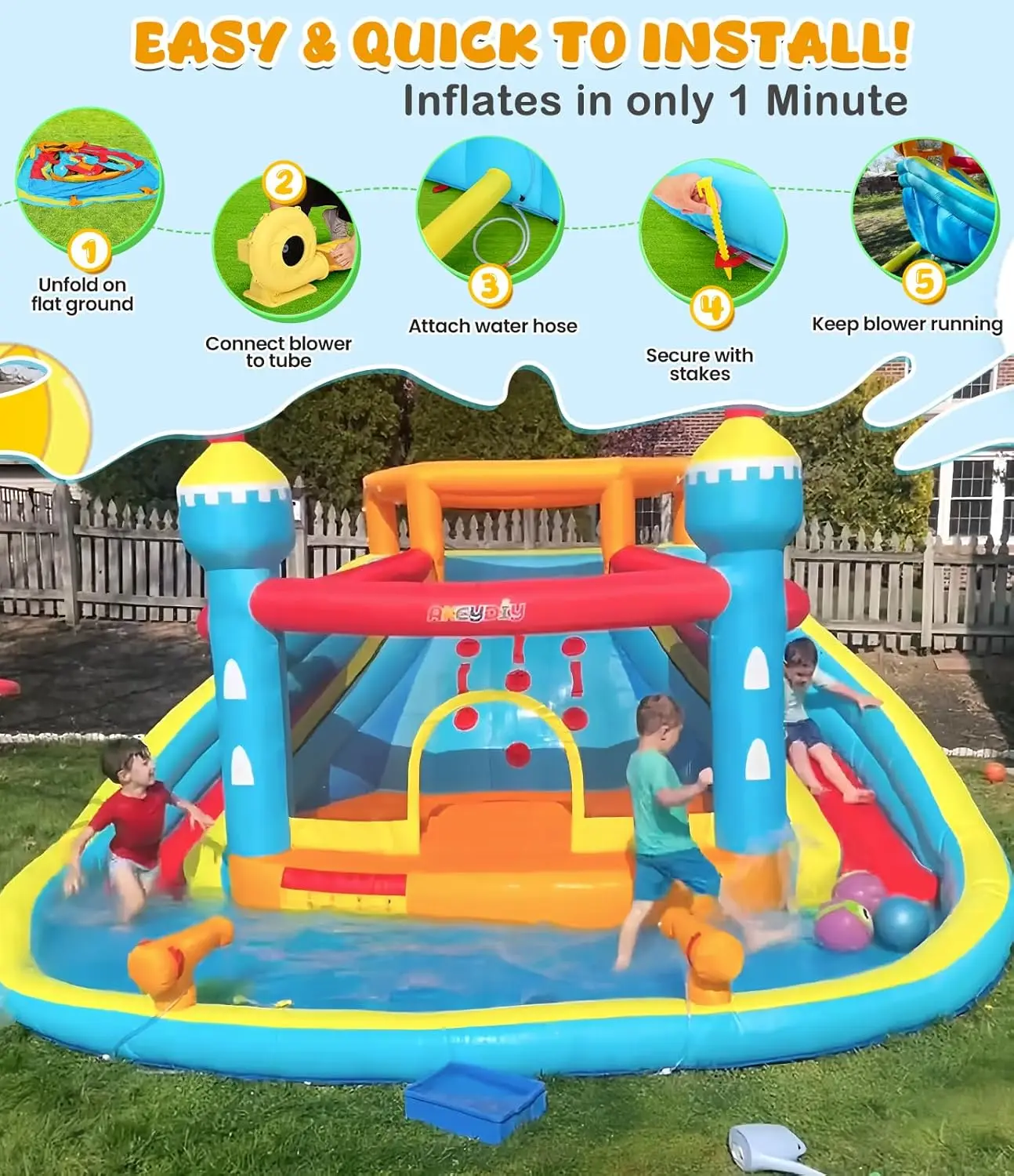 Casa inflável do salto da corrediça da água de 14.1x13.8ft para crianças, castelo inflável do salto da casa inflável do corrediça da água com/2 corrediça, área de salto, p