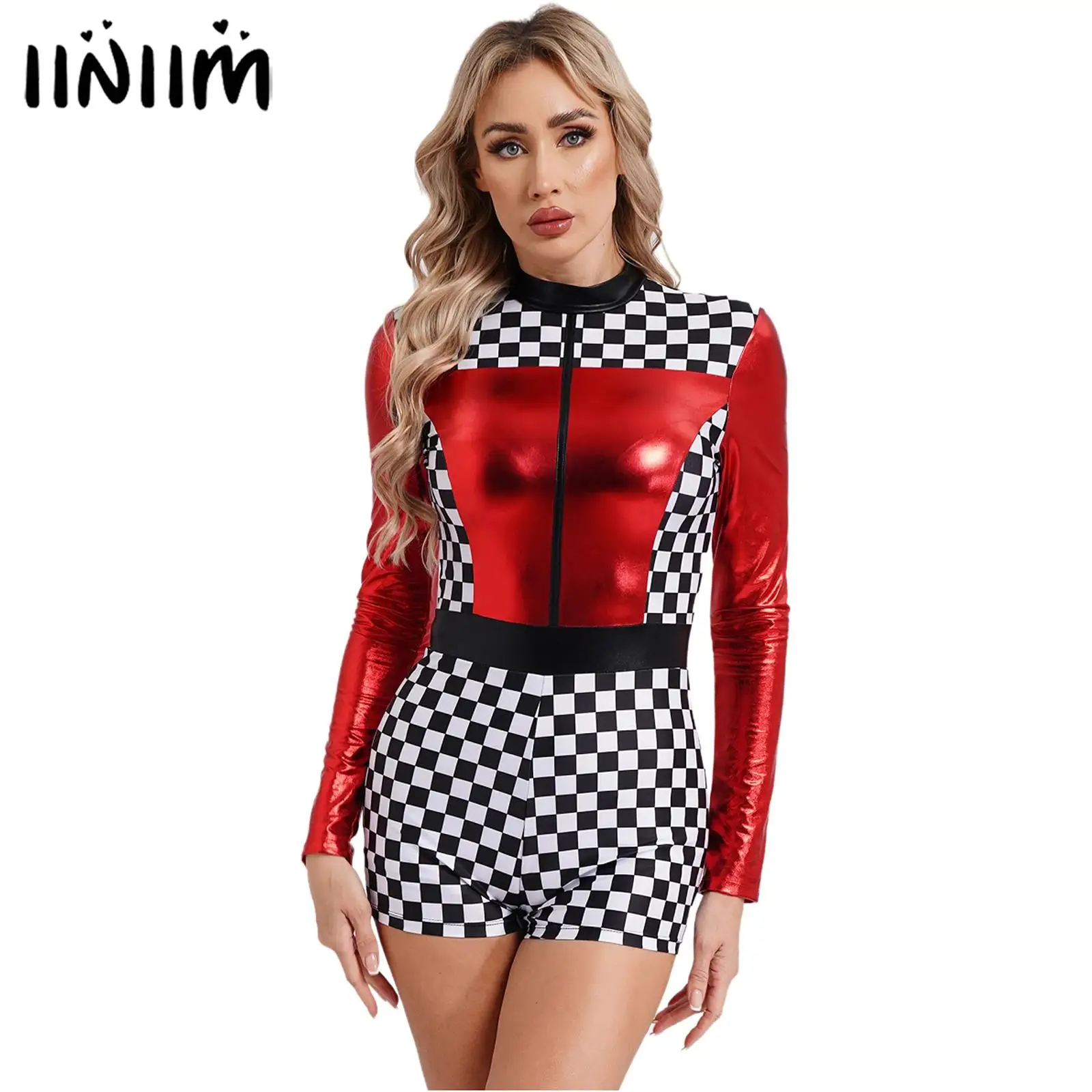 Womens Race Car Driver Cosplay Costume Checkerboard Long Sleeve Jumpsuit Print Mock Neck Sequin Patchwork Dance Romper Jumpsuit