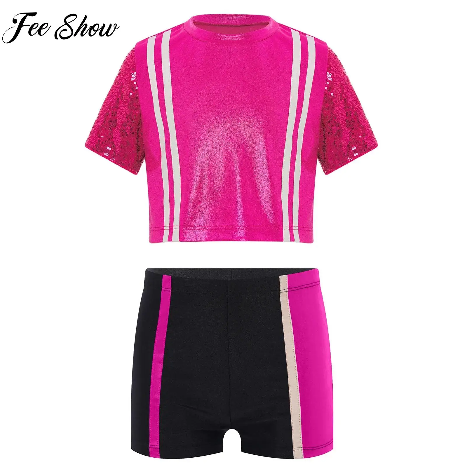 

Girls Color Block Jazz Dance Outfits Sequin Short Sleeves Metallic Crop Top with Shorts Sets Children Running Workout Sportswear