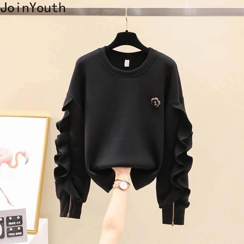 Joinyouth Clothes for Teens Korean Fashion Sweatshirts Women O-neck Ruffles Zipper Pullovers Tops Loose Casual Sweet Hoodies