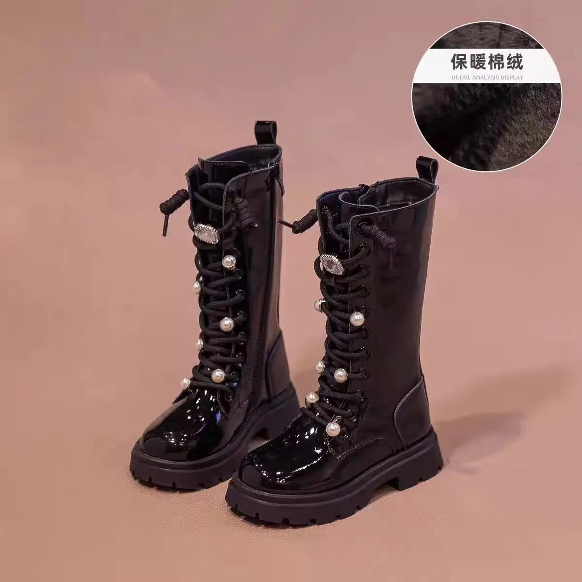 Shiny Beaded Mid-calf Boots for Girls 2025 New Winter Kids Plush Lining Leather Boots Non-slip Princess Christmas Party Boots