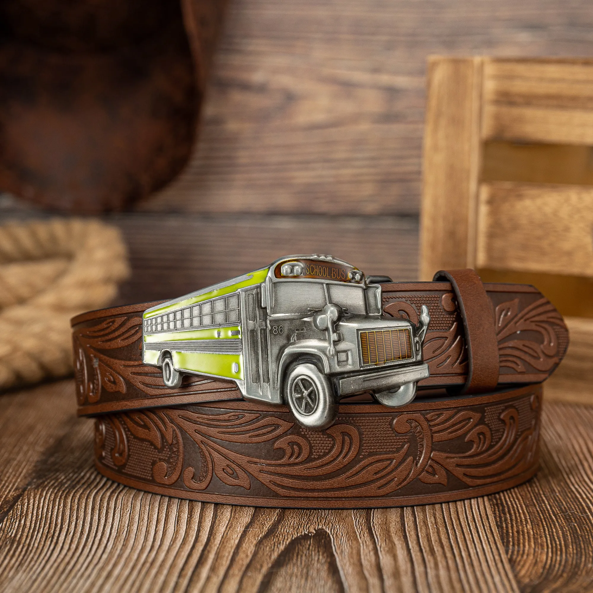 Transportation vehicles school bus motorcycle large buckle personalized trendy PU embossed button belt