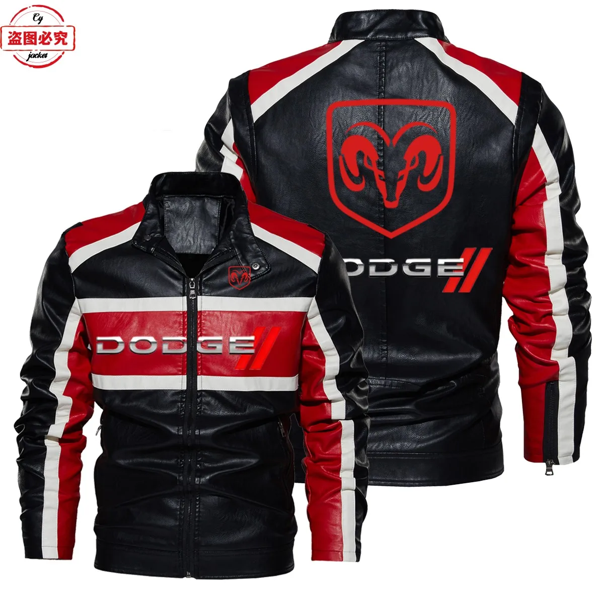 Contrasting leather jacket Dodge car logo retro washed pu leather jacket windproof autumn and winter men's jacket racing suit