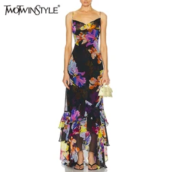 TWOTWINSTYLE Vintage Printing Slimming Maxi Dresses For Women Square Collar Sleeveless High Waist Camisole Dress Female Style