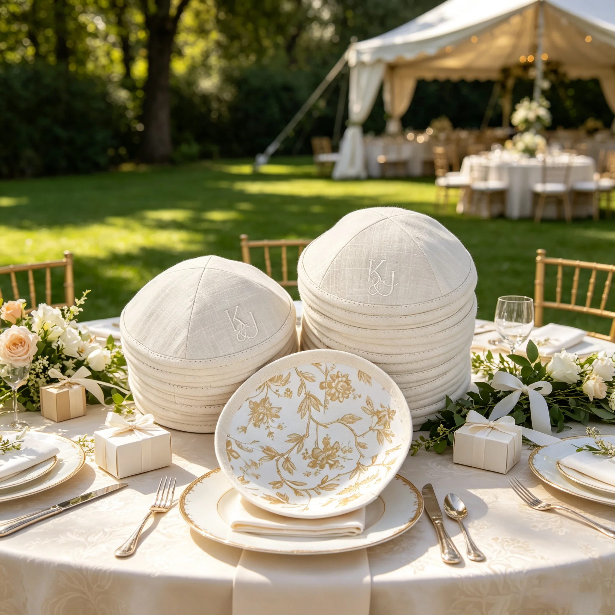 Classic Natural Linen Kippah, Custom Embroidered & Digital Printed Jewish Yarmulke, Perfect for Weddings