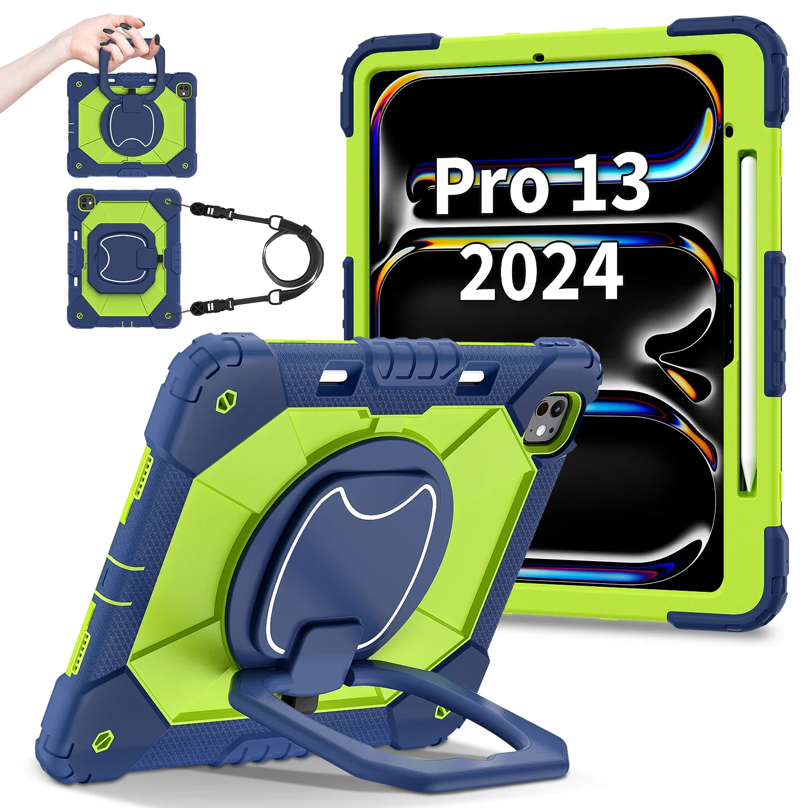 Handle Grip CaseสําหรับIPad Pro/iPad Air 13 นิ้ว 2024 Dutyกันกระแทกเด็กแท็บเล็ตสายคล้องมือ 360 ° ขาตั้งแฮนด์พร้อมถาดใส่ปากกา