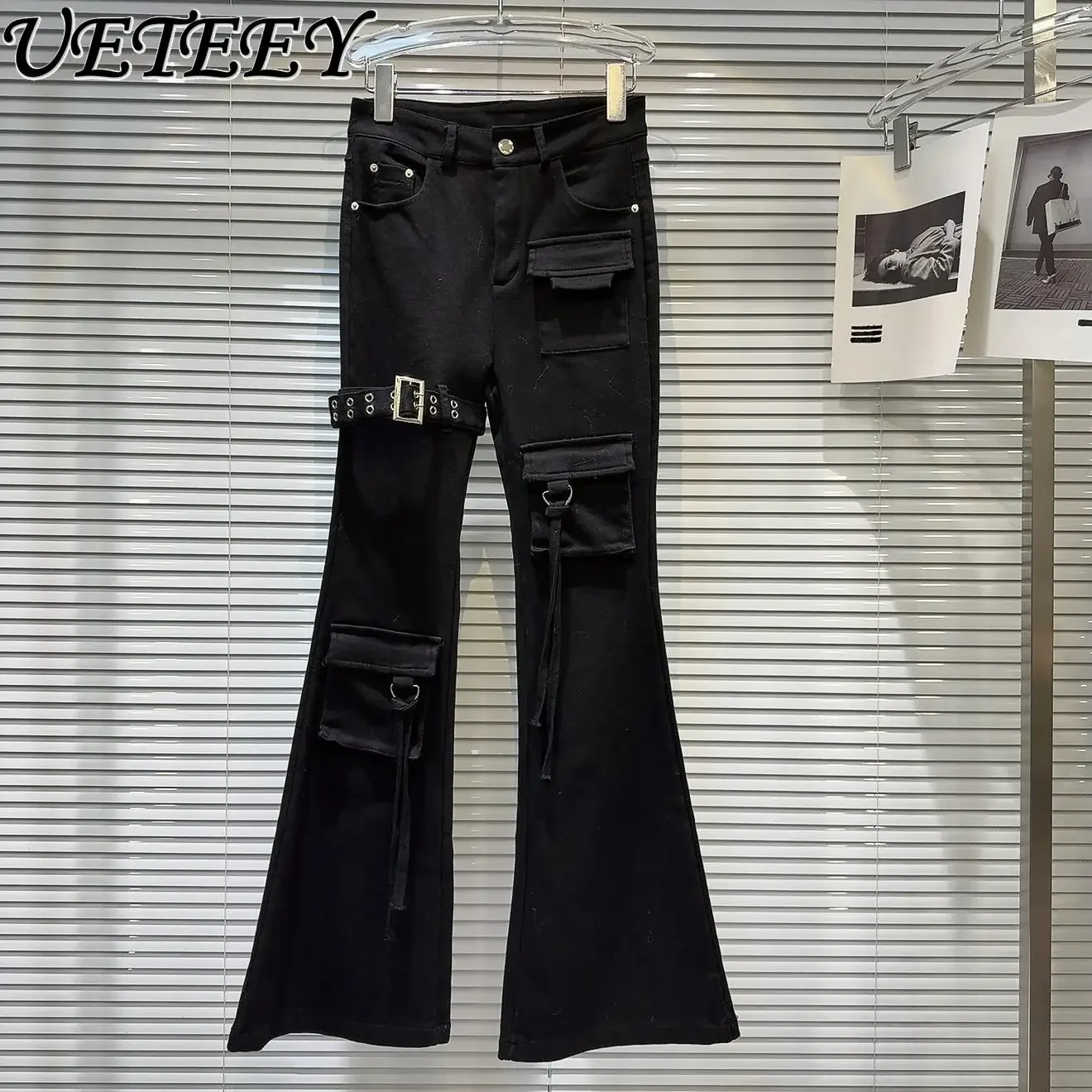 

2024 Autumn Winter New Cool Pocket Casual Pants Women's Jeans Y2k Pants Leg Strap Design Slim Black Horn Trousers High Street