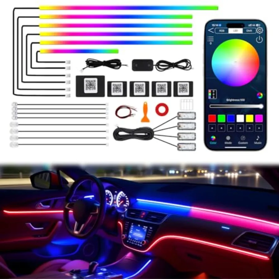

【New model】Dreamcolor Acrylic Interior Car LED Strip Lights 18 in 1 Ambient Lighting Kit with Wireless APP Dynamic Chasing Musi