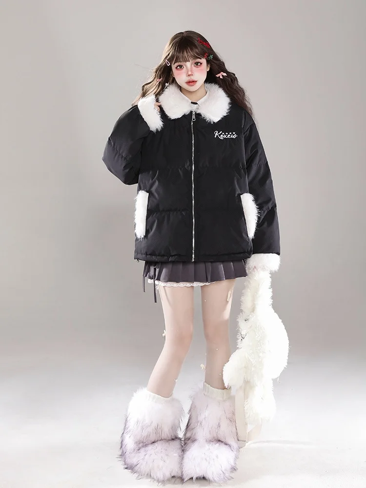 Sweet Cute Women's Thickened Cotton Jacket with Fur Collar Bread Style Coat Winter New Design Sense Outerwear Casual Simple