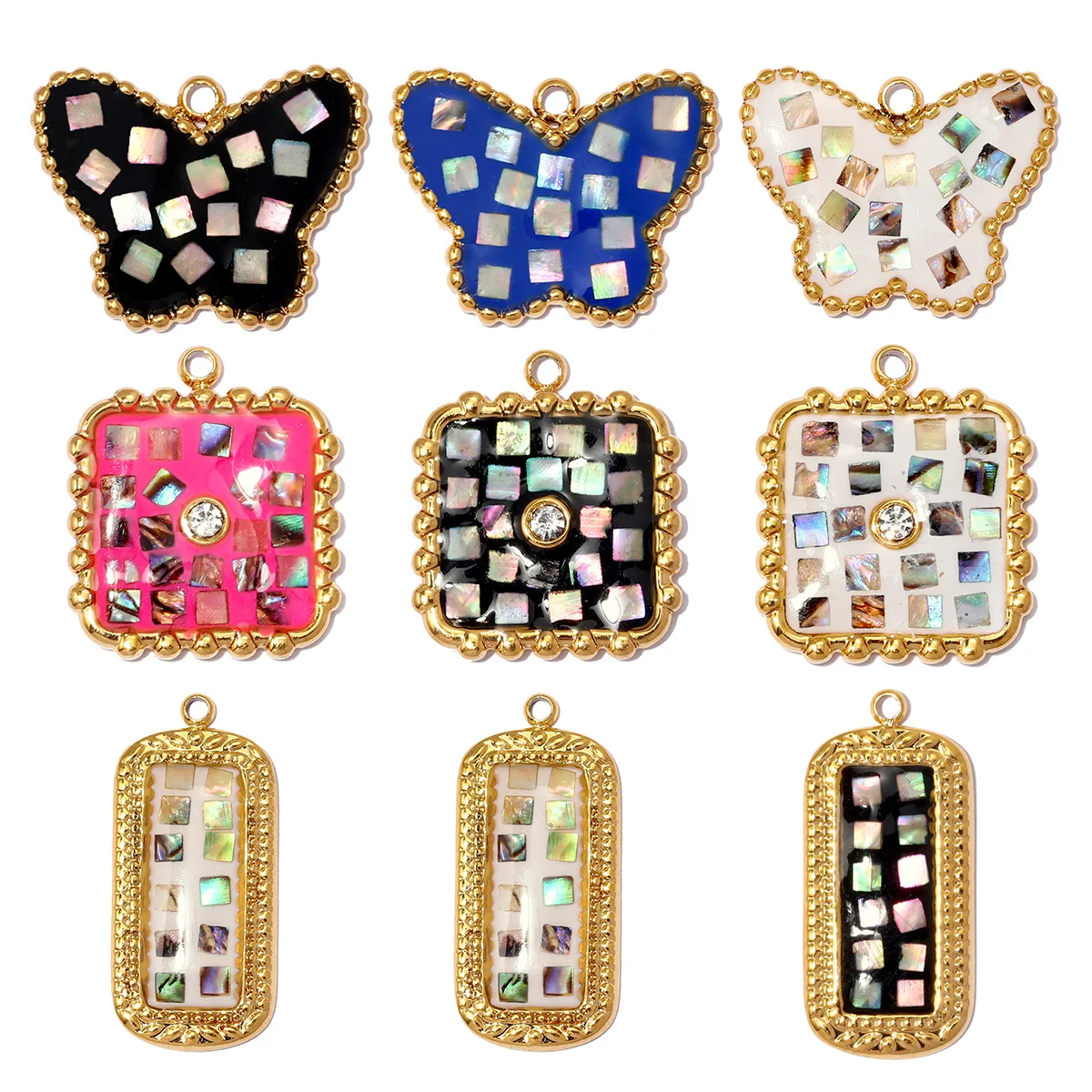3pcs/Lot Stainless Steel Natural Abalone Shell DIY Charms Butterfly Square Necklace Pendants Women Geometric Jewelry Wholesale