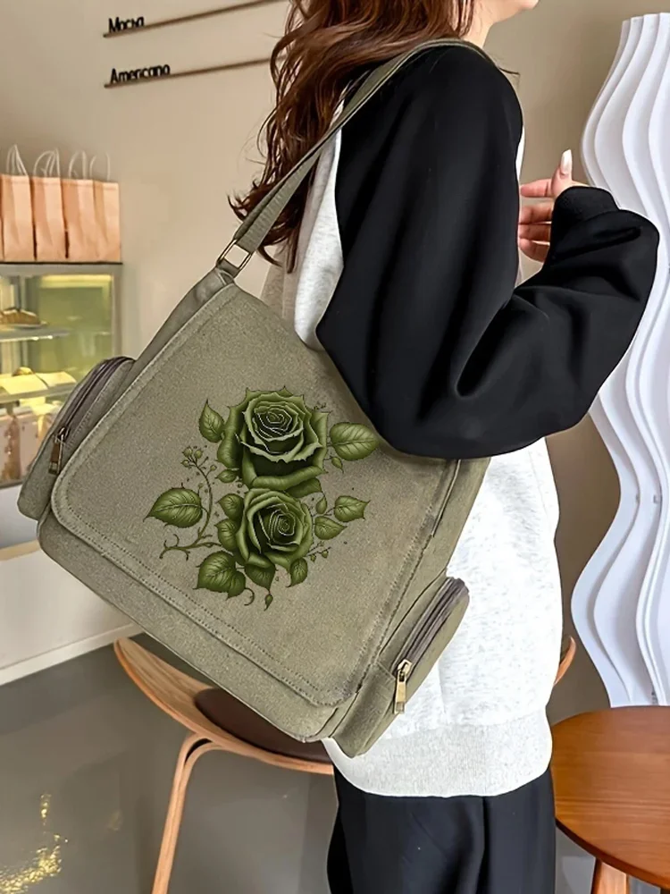 Sac messager imprimé Rose pour femmes, sac à bandoulière de grande capacité, sac à bandoulière Vintage à poches multiples pour les déplacements quotidiens