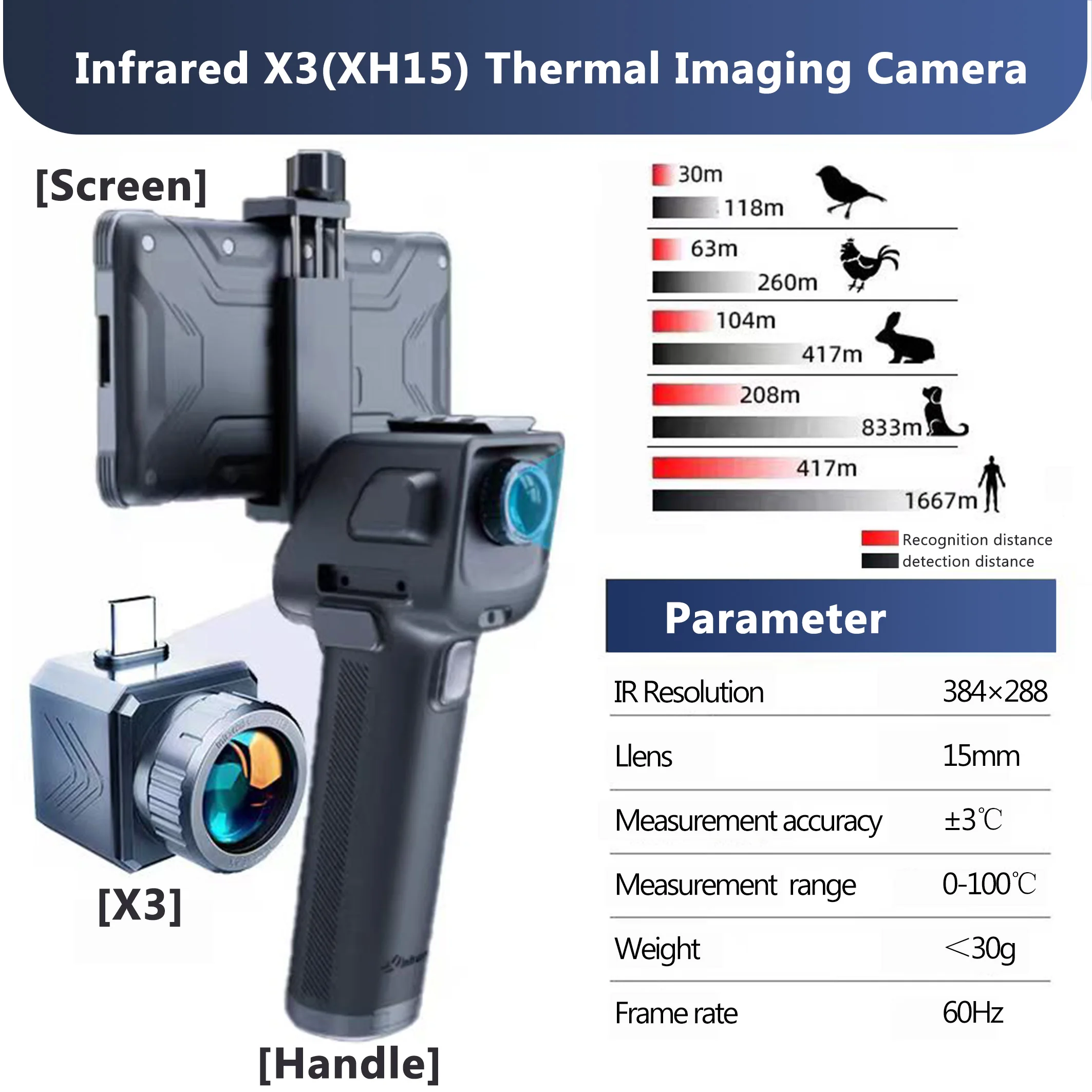 كاميرا حرارية متنقلة للرؤية الليلية أحادية العين خارجية X3 الأشعة تحت الحمراء Xh15 المدى مكتشف الرؤية الليلية المحمول التصوير الحراري