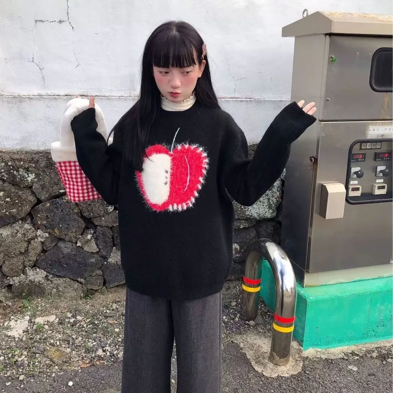 O-hals Fruit Geborduurde Losse Zwarte Lange Mouwen Trui Vrouwen 2025, Herfst Nieuwe High Street Fashion All-Match Gebreide tops
