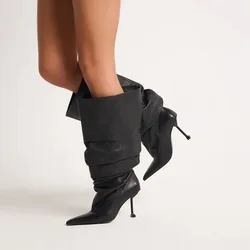 Arden Furtado 2025 Pleated Over Large tubular boots Pointed toe Sexy Stilettos heels Knee high boots Large size Modern boots