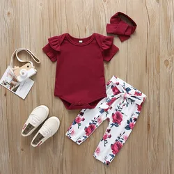 Newborn Baby Girl Clothes 0-24M 2024 Summer Fall Fly Sleeves Tops+Floral Pants+Headband 3PCS Sets Infant Baby Girl Outfit