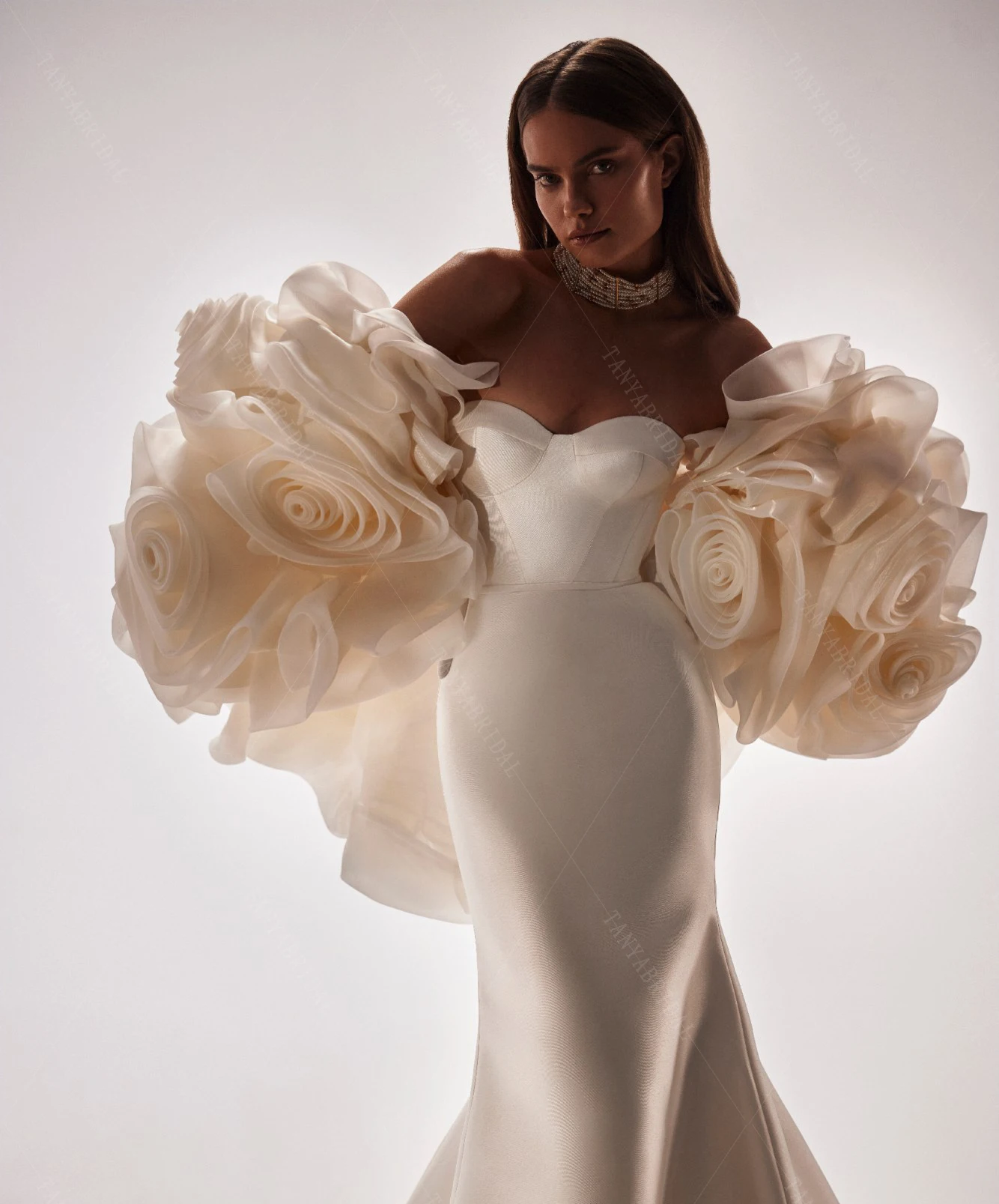 Exclusive Ivory Organza Wrap .Embroidered with Ruffles That Resemble Flowers. Short Bridal Cape  DJ367