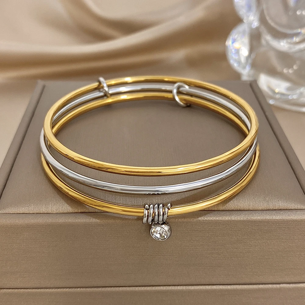 

DODOHAO Elegant Hoop Pendant Threelayer Stainless Steel Bracelet for Women Fashion Waterproof Cuff Bangle Daily Jewelry Gift