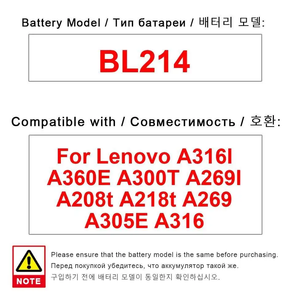 

Аккумулятор мобильного телефона BL214 1300 мАч для Lenovo A316I A360E A300T A269I A208t A218t A269 A305E A316