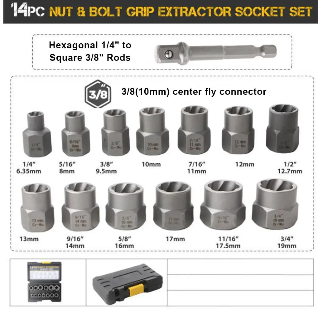 14pcs/set Impact Bolt & Nut Remover Set Cr-Mo Steel Bolt Extractor Tool Set with Solid Storage Case for E-Torx Star Socket Bolts