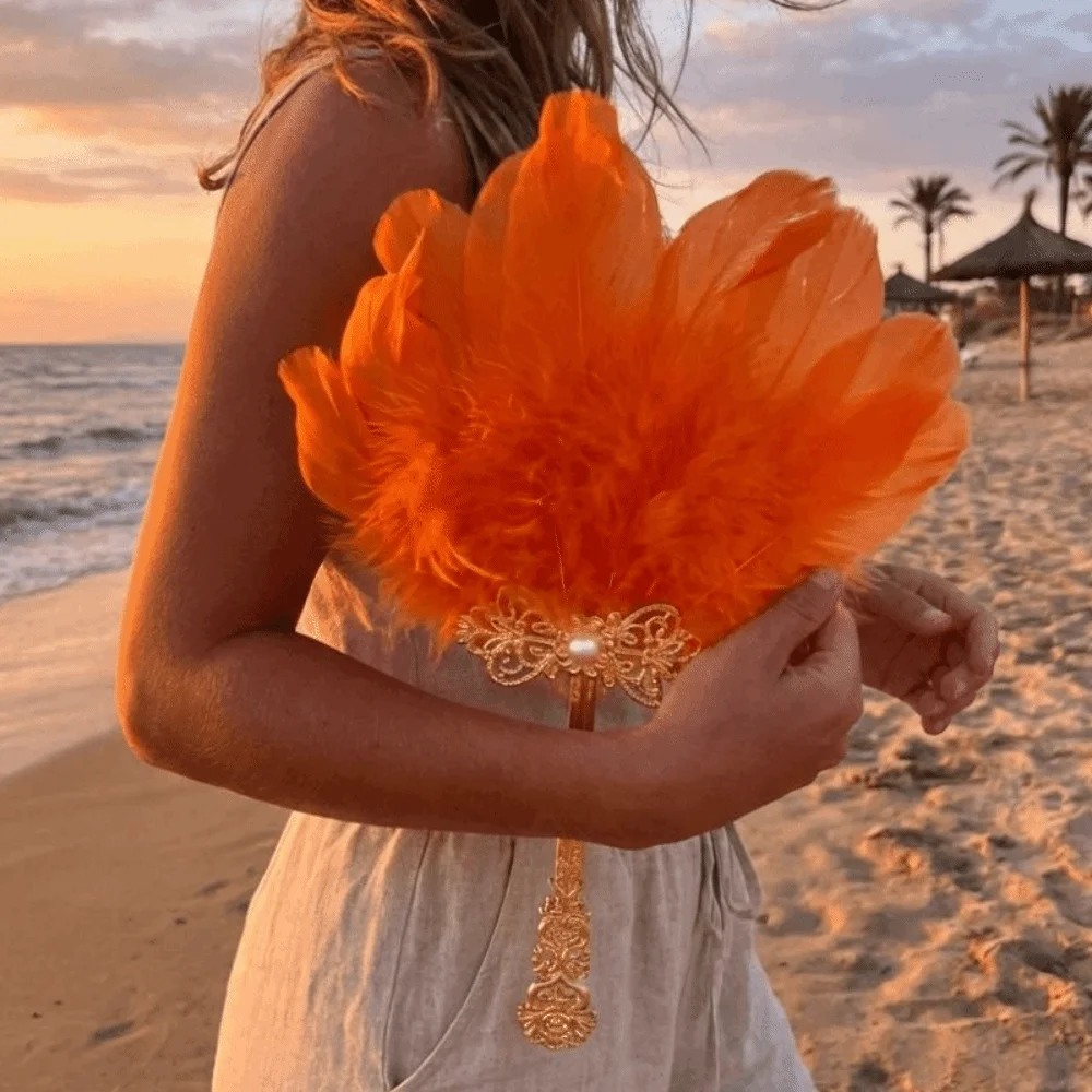Gold Handle Feather Hand Fan Colorful Fairy Fan Handheld Fan Chinese Style Vintage Ornate Fluffy Feather Fan Wedding Party