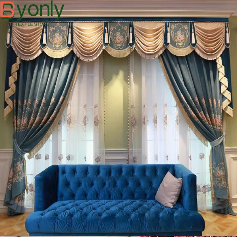 Customised Blue Jacquard Chenille Tassel Curtains for Living Room Bedroom Balcony Villa Embroidery Window Screen Valance