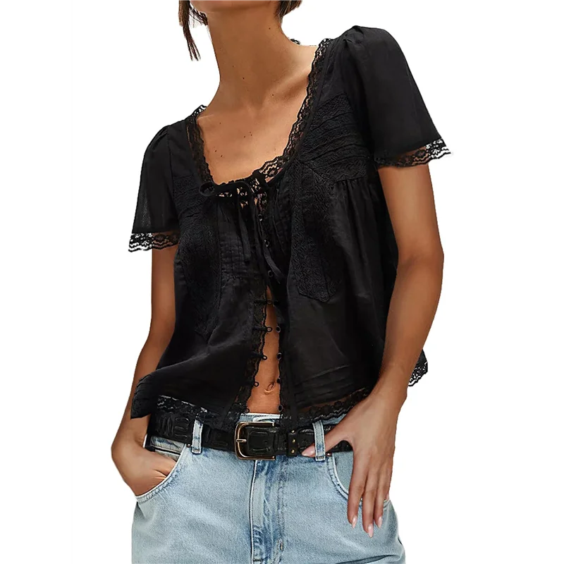 

ASDS-Women Tie Front Lace Trim Top Sheer Short Sleeve Scoop Neck Button Shirt Y2k Ruffle Flowy Boho Crop Tops