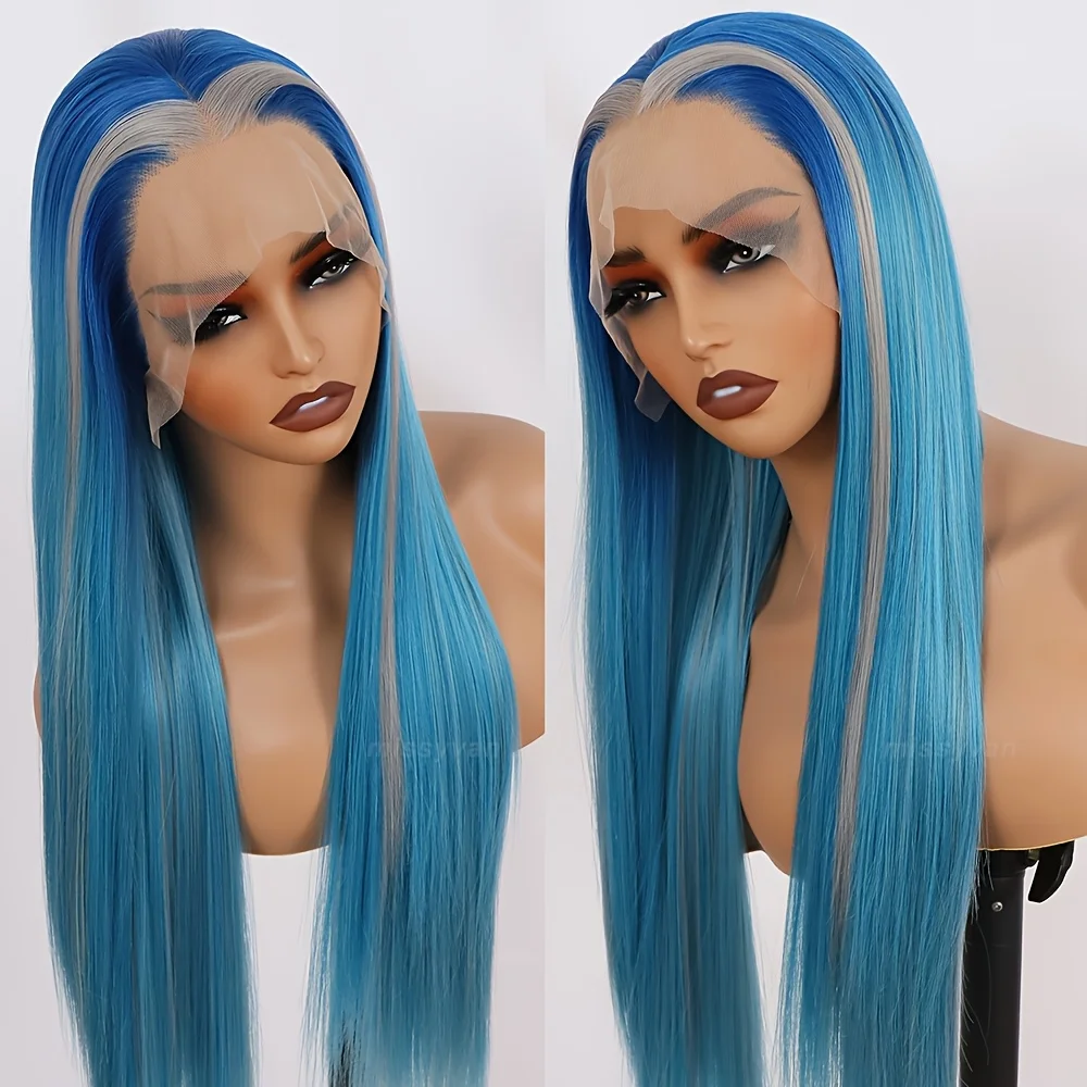 

Синий парик омбре с кружевной передней частью, с серыми мелированиями, смешанный цвет, светло-голубые парики, без клея, 26 дюймов, длинные, шелковистые, прямые волосы, синтетические
