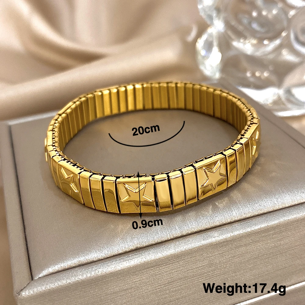 Vintage italienischer Charme elastische Edelstahl Sternmuster Armband Armreifen für Frauen Männer Armband Gliederkette verstellbar – Detail 1