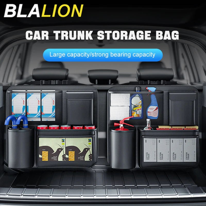 BLALION Car Trunk Leather Storage Bag Multi-Pocket Seat Back Tools Organizer Hook-and-Loop Fastener Storage Pouch for SUV MPV