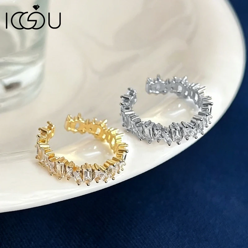 IOGOU CZ Lab Diamond Open Ring for Women Anniversary Gifts Brilliant Rectangle & Trapezoid Shaped Zircon Ring  Birthday Jewelry