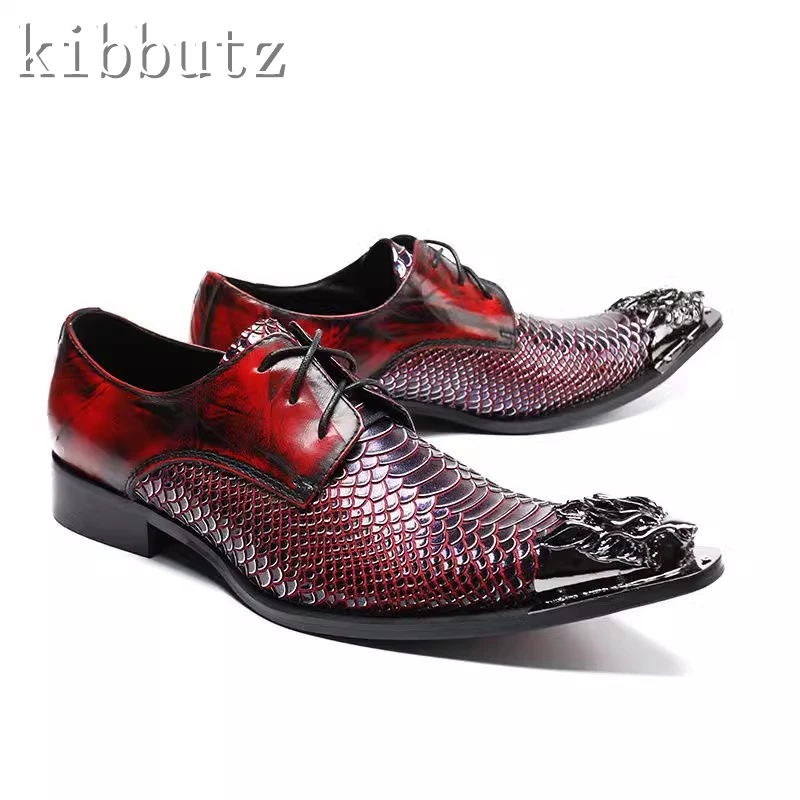 

Luxury Red Snake Pattern Men Leather Shoes Lace Up Pointed Metal Toe Wedding Dress Shoes Party Nightclub Footwear