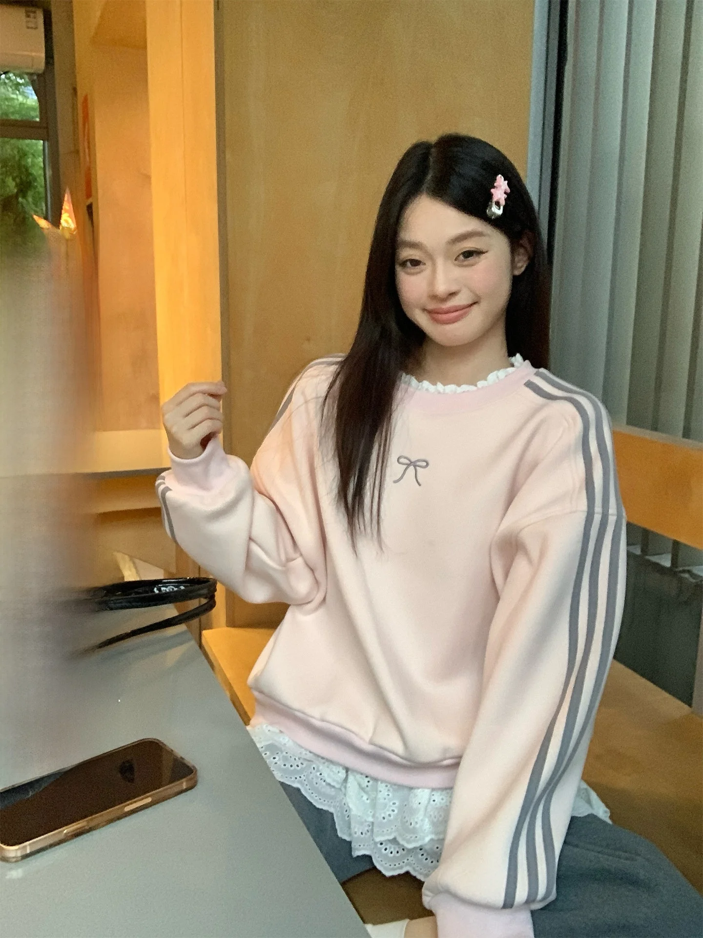 

Розовый круглый свитшот в полоску на подкладке Ne, женский зимний свободный длинный топ све, удобный корейский дизайн Senation